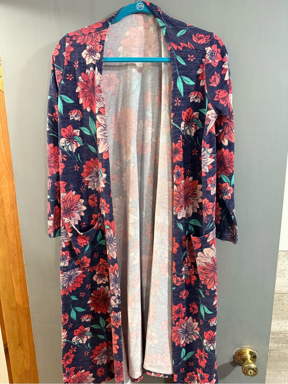 Lularoe-Floral Open Cardigan Duster - Navy with Red & Teal Flowers